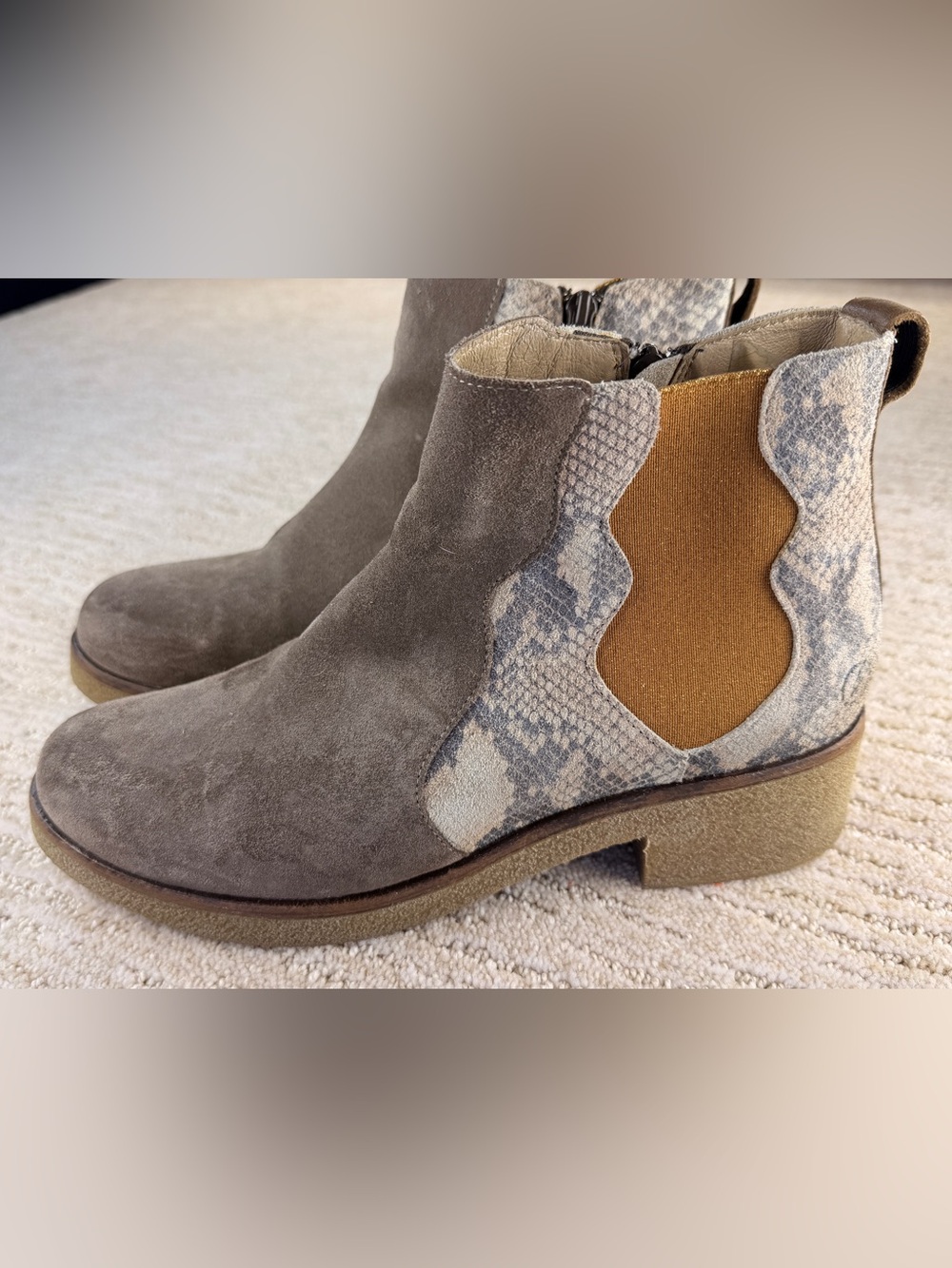 CASTA x Sundance Women's Suede Gray/Taupe, Faux Snakeskin Ankle Boots, Size 40